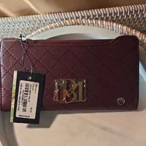 Badgley Mischka Quilted Burgundy Long Zip Wallet with Gold Logo